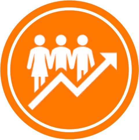 Icon of three white human figures behind an upward trending arrow on an orange circular background representing team growth or performance increase.
