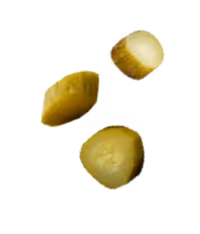 Three pieces of sliced pickles on a black background.