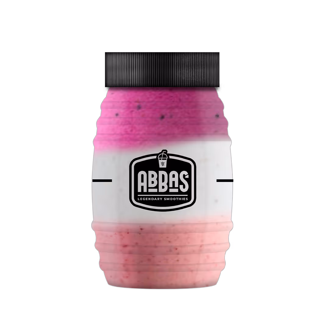Layered smoothie in a clear jar with black lid showing pink, white, and purple colors and ABBAS Legendary Smoothies logo.