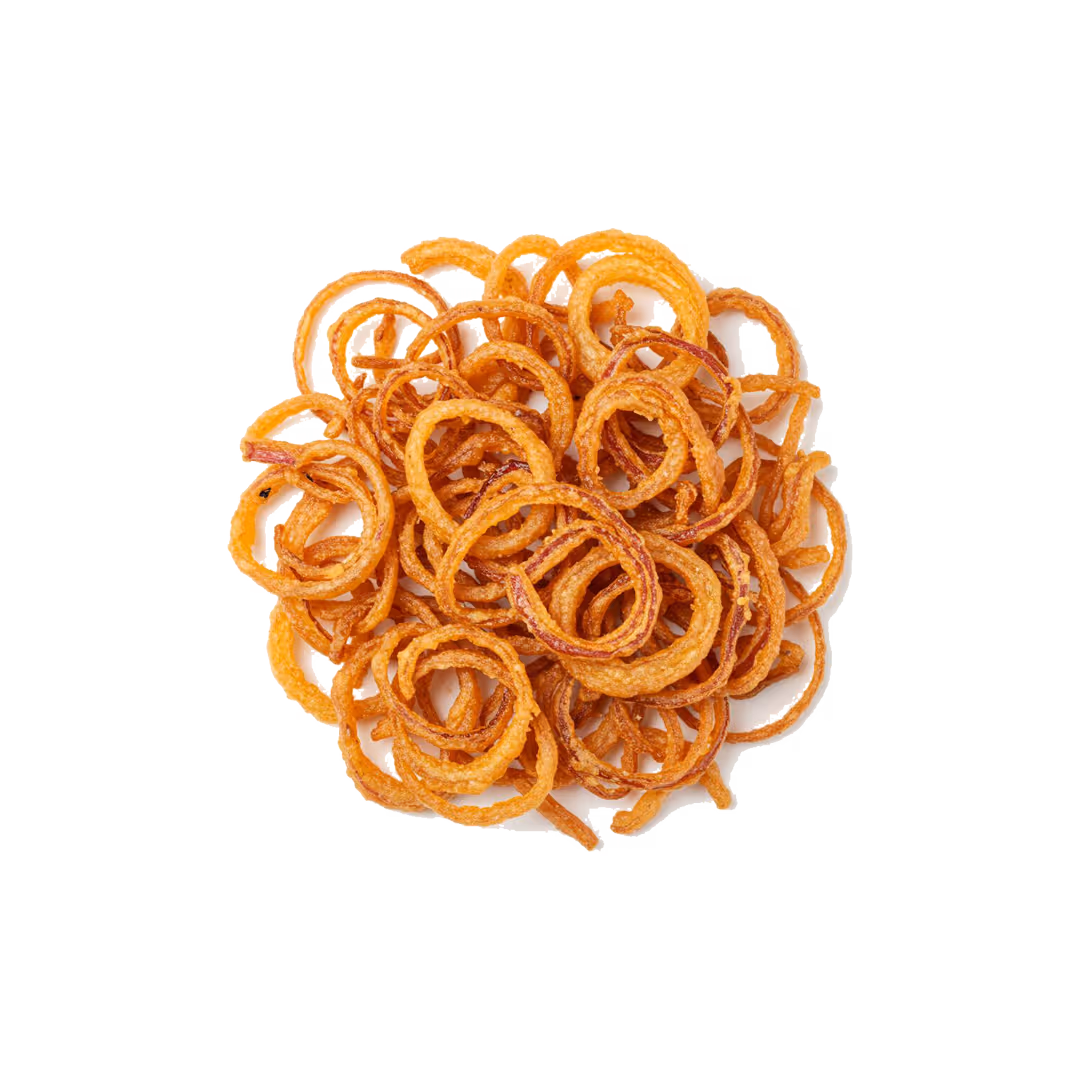 Pile of golden brown crispy fried onion rings on a white background.