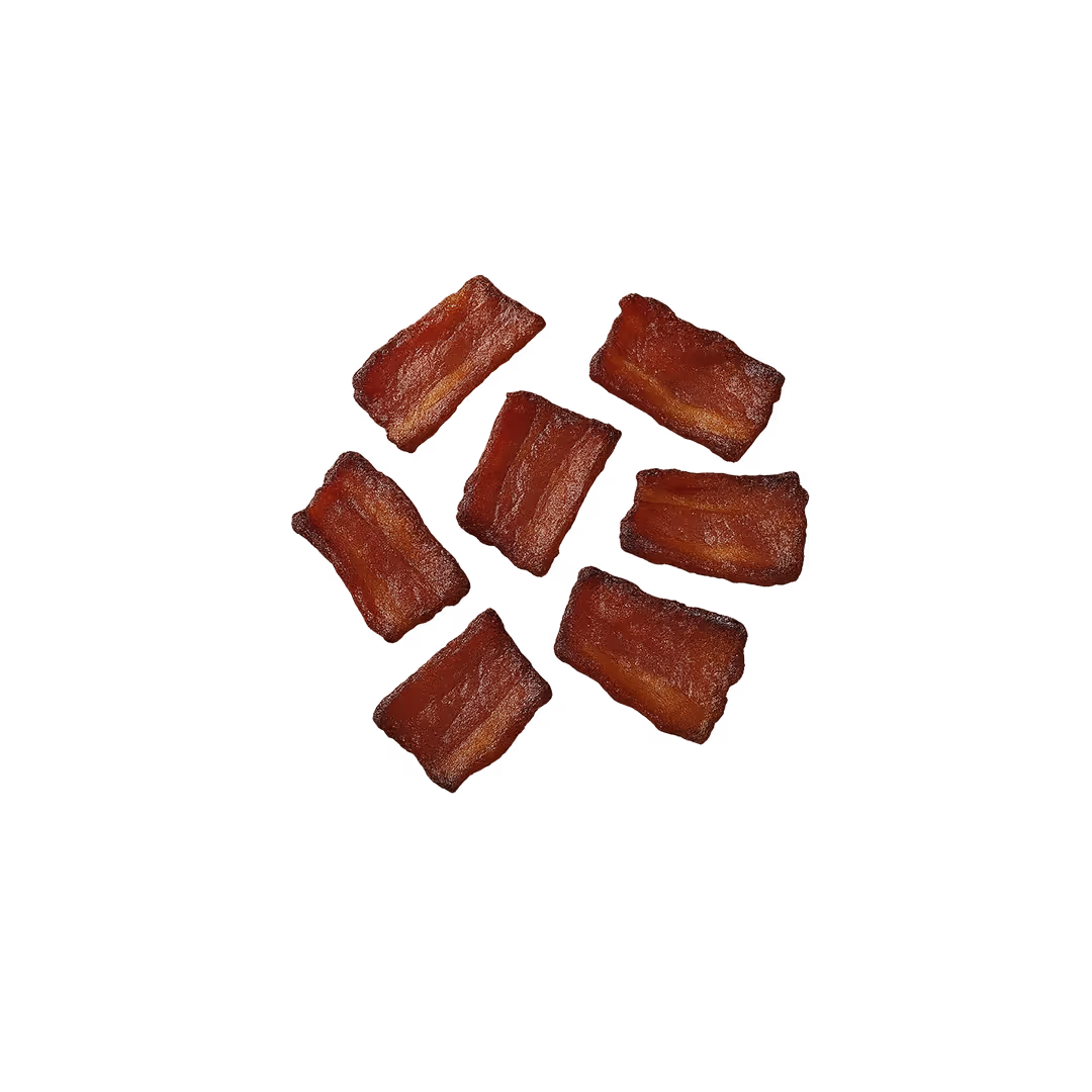 Seven cooked slices of halal beef bacon arranged with space between each on a white background.