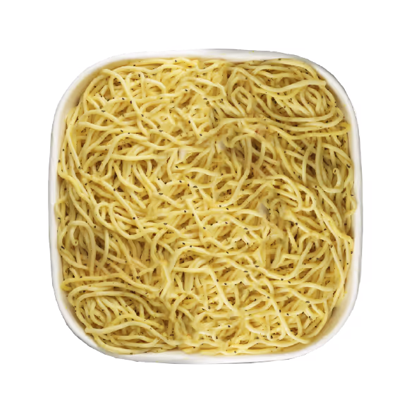 Square white bowl filled with plain cooked spaghetti noodles sprinkled with black pepper.