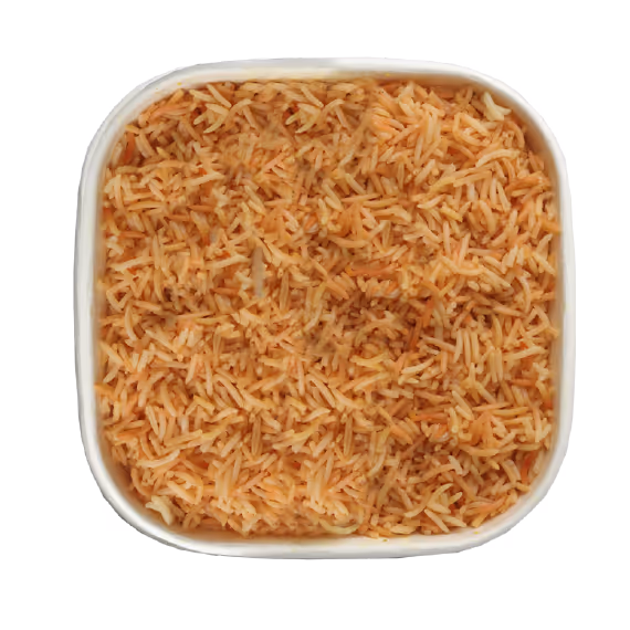 Square white bowl filled with cooked yellowish seasoned rice.