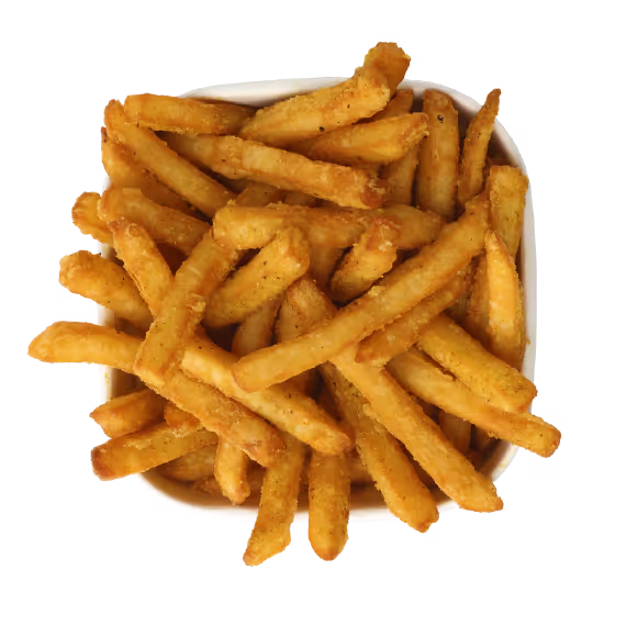 Golden crispy seasoned French fries in a white bowl.