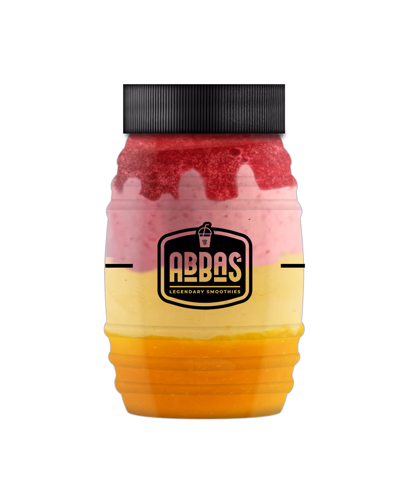 Layered smoothie bottle with red, pink, cream, and orange sections labeled Abbas Legendary Smoothies.
