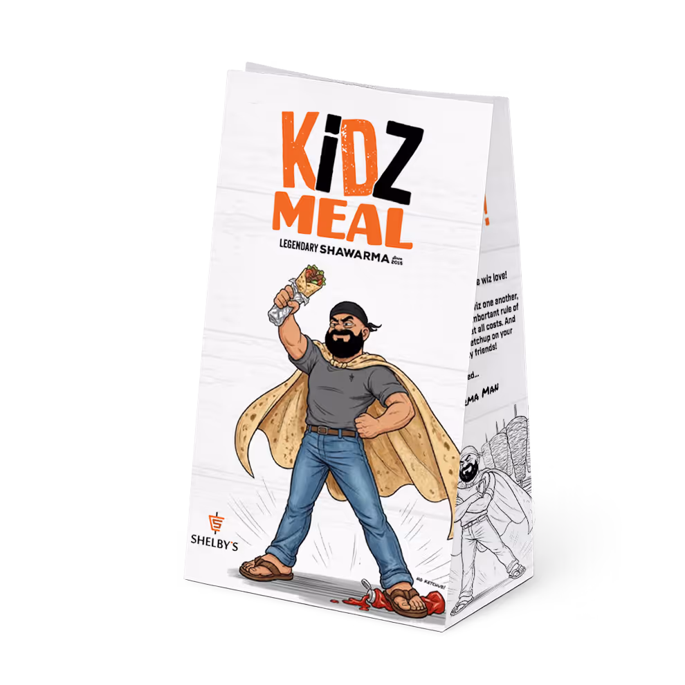 Kids meal bag featuring a cartoon superhero man with a shawarma cape holding a shawarma wrap, with spilled ketchup and Shelby's logo.