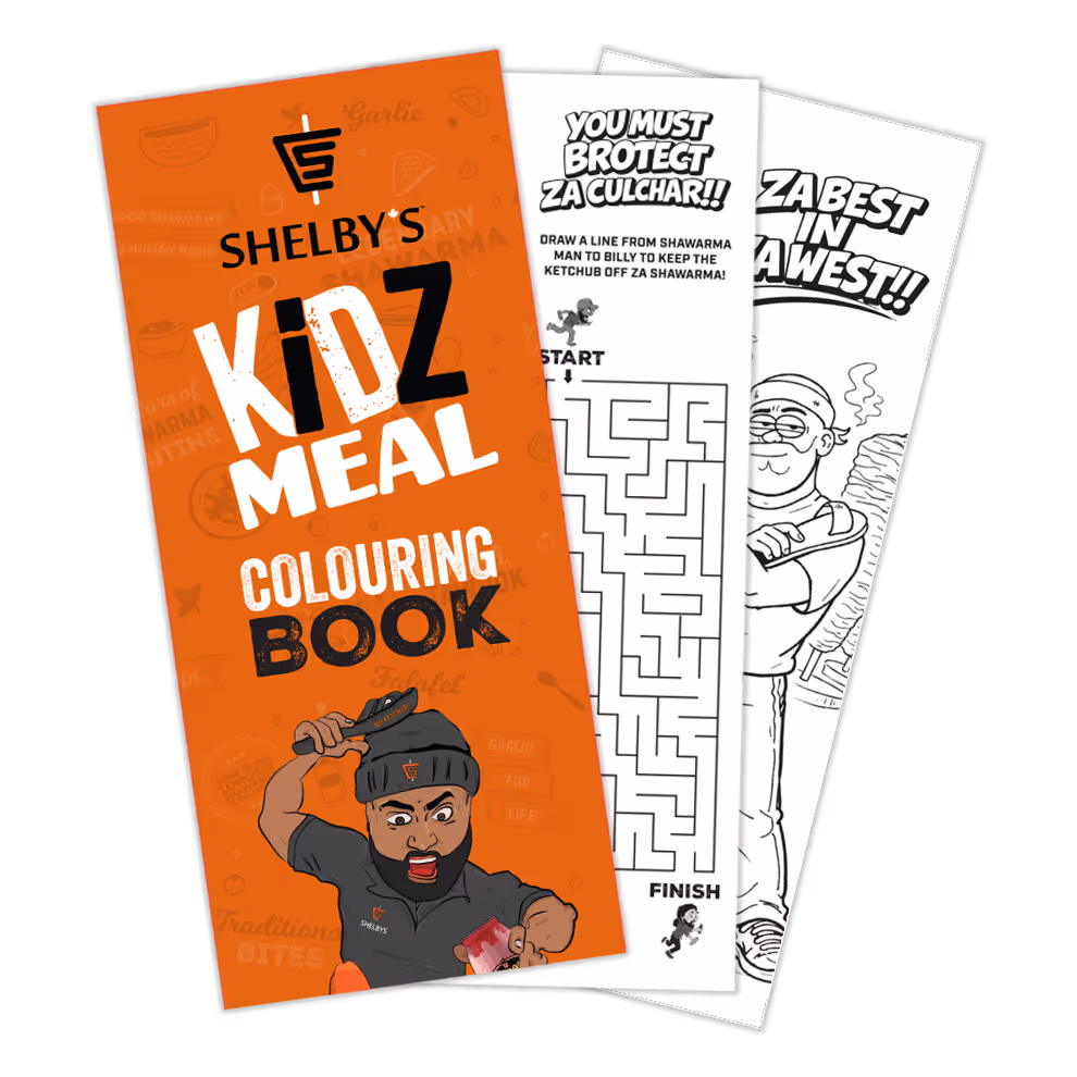 Shelby's Kidz Meal colouring book with an illustrated man holding a spatula and ketchup, and two coloring activity pages including a maze and a chef illustration.