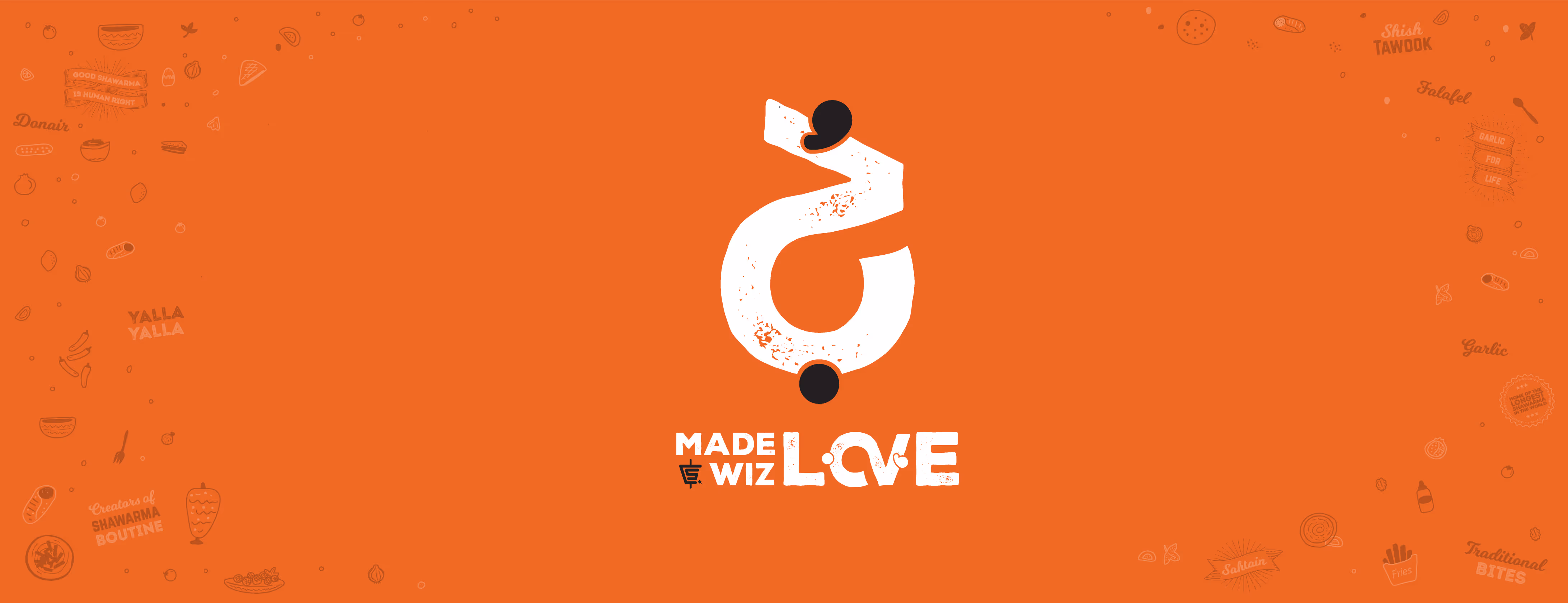 White stylized Arabic letter with the text 'MADE WIZ LOVE' on an orange background with faint food illustrations and phrases.