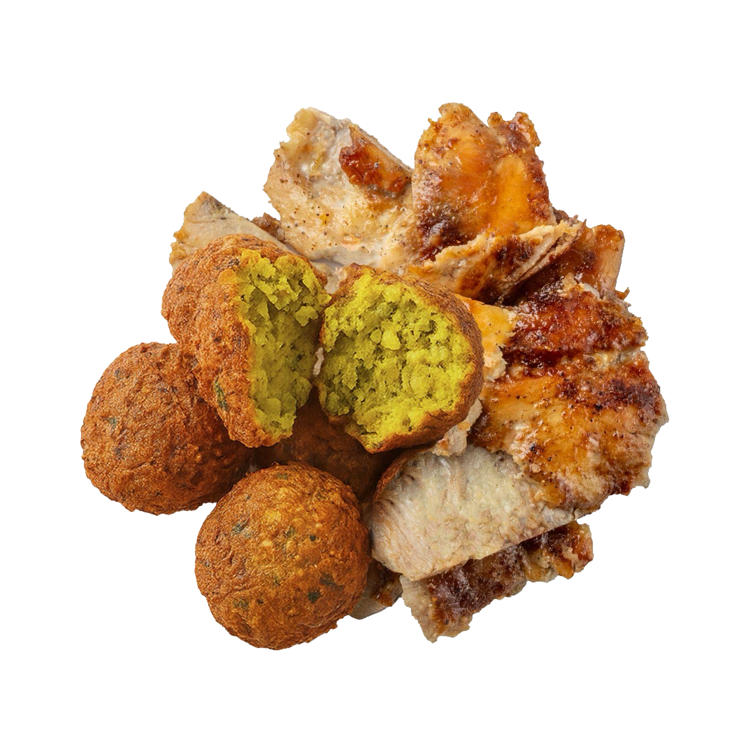 Five golden brown falafel balls with one cut open showing a greenish interior.