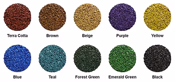 EPDM rubber surfacing color samples including terra cotta, brown, beige, purple, yellow, blue, teal, forest green, emerald green, and black