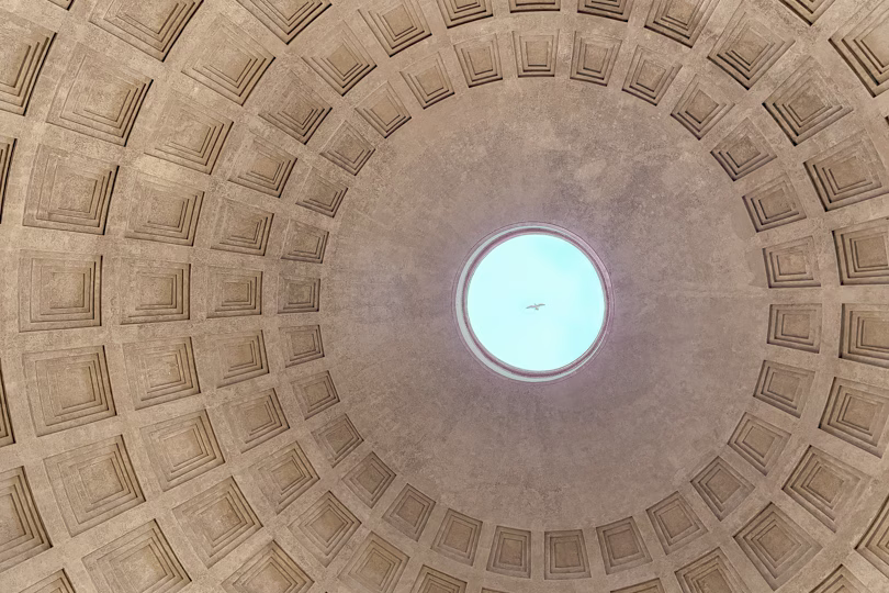 A aerial view of the roof in the Pantheon in Rome, Italy.
