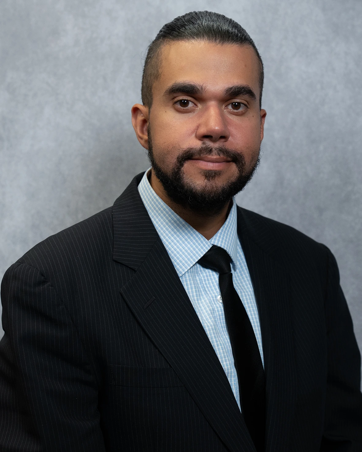 Man with trimmed beard and mustache wearing a black pinstripe suit, light blue checkered shirt, and black tie, posing against a gray background.