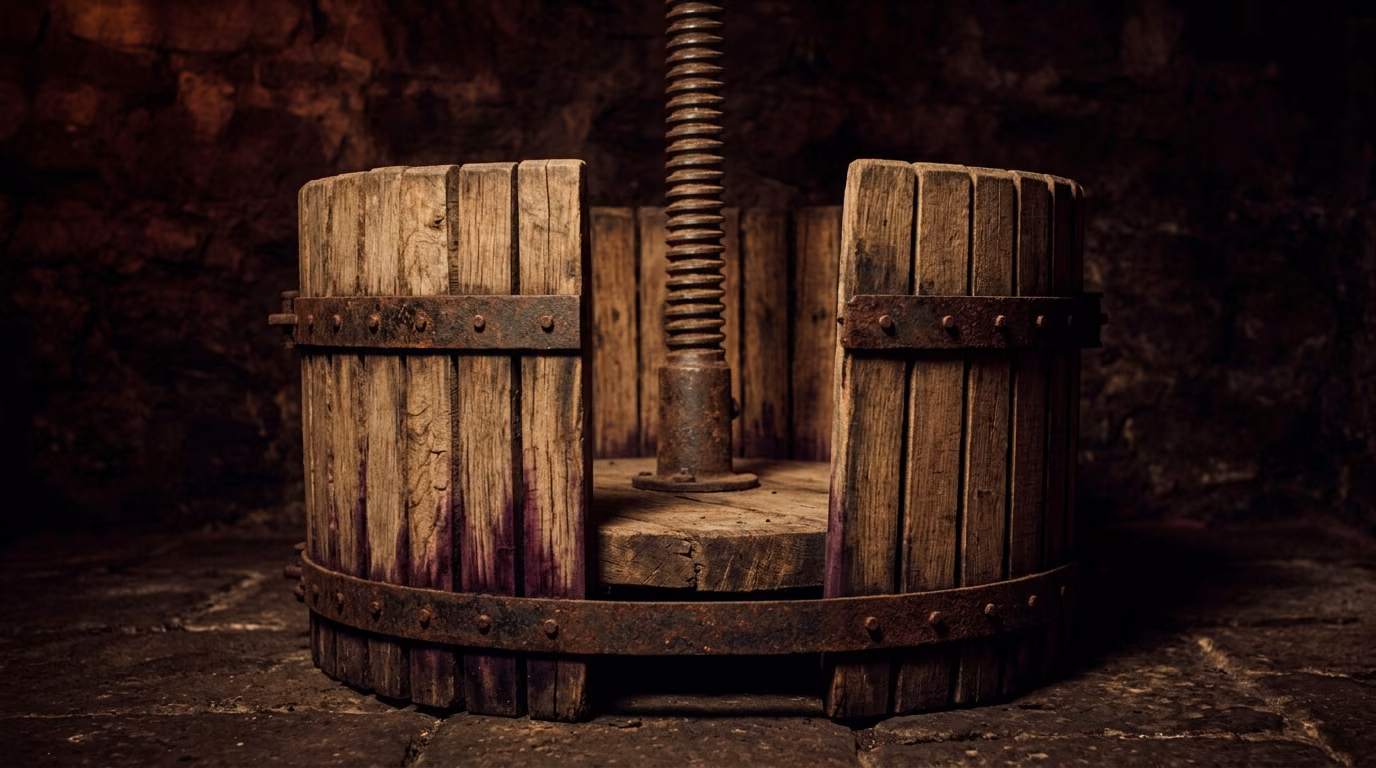 An antique wooden basket winepress at rest in a dark cellar, its iron hoops and central screw lit by candlelight