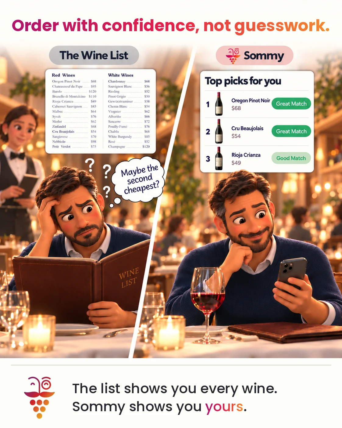 A diner unsure at a long restaurant wine list, next to the same diner seeing his top three Sommy picks with match ratings