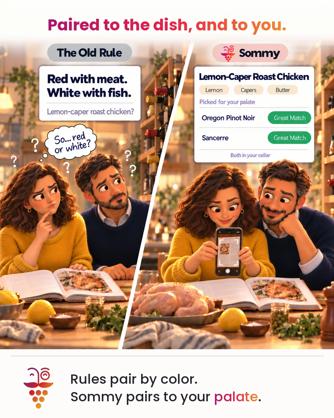 A couple unsure whether red or white goes with lemon-caper chicken, next to them scanning the recipe and seeing two Great Match wines from their cellar