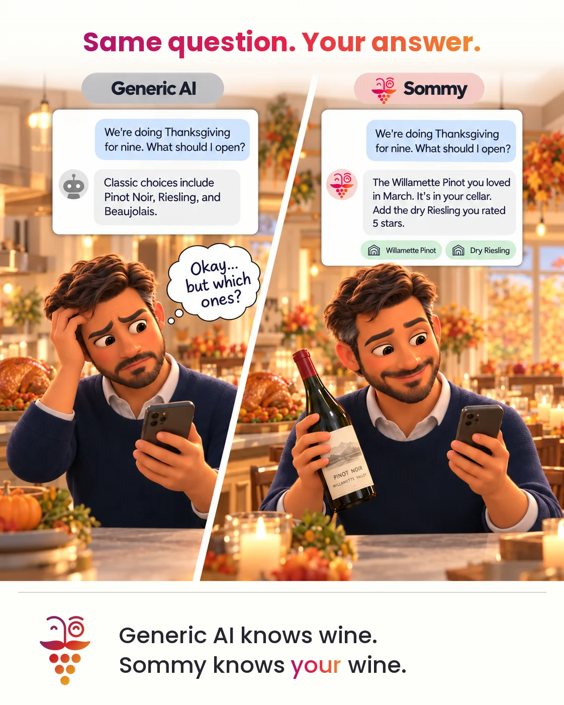 A generic AI chatbot giving a vague Thanksgiving wine answer, next to Sommy naming the Pinot and Riesling this person loved and already has in their cellar