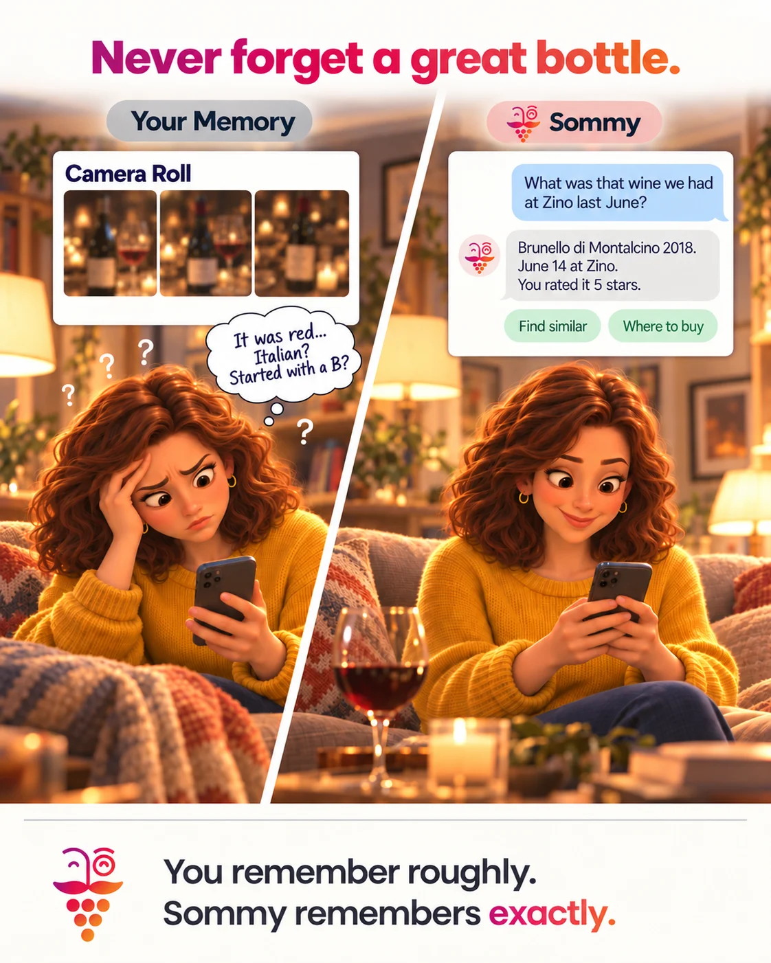 A woman struggling to identify a wine from blurry camera roll photos, next to her asking Sommy and getting the exact bottle, date and her rating