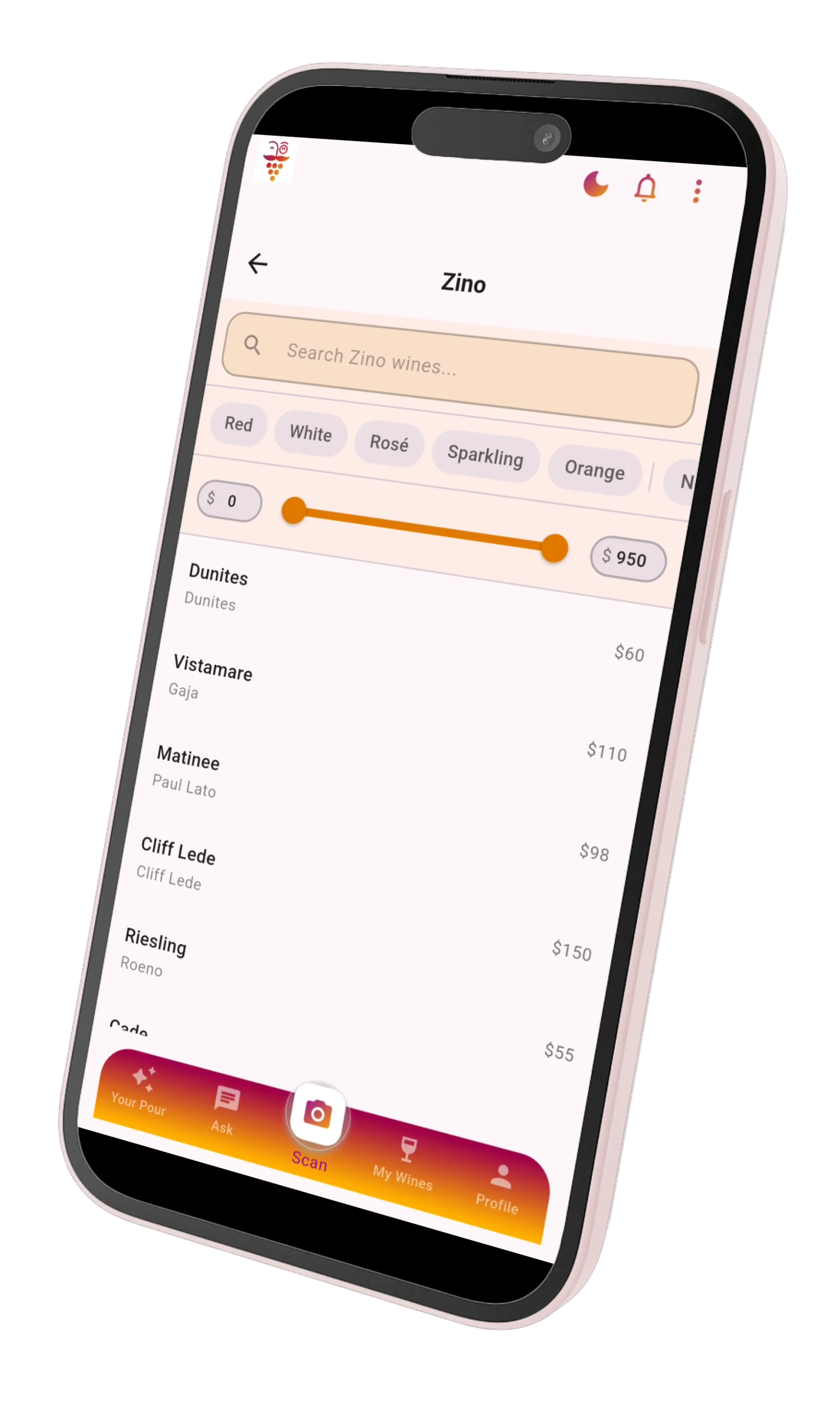 Zino's wine list in Sommy with search, color filters and a price slider, showing bottles and prices