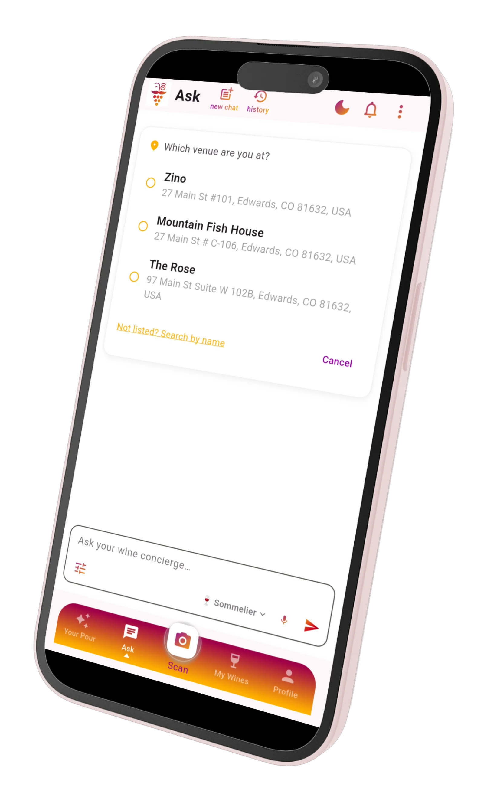 Sommy chat asking which venue the user is at, listing Zino and two other nearby restaurants