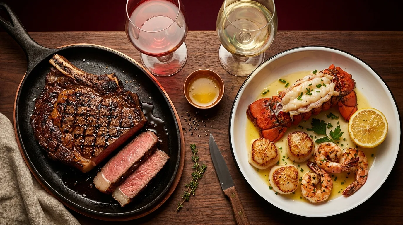 surf and turf lobster steak wine