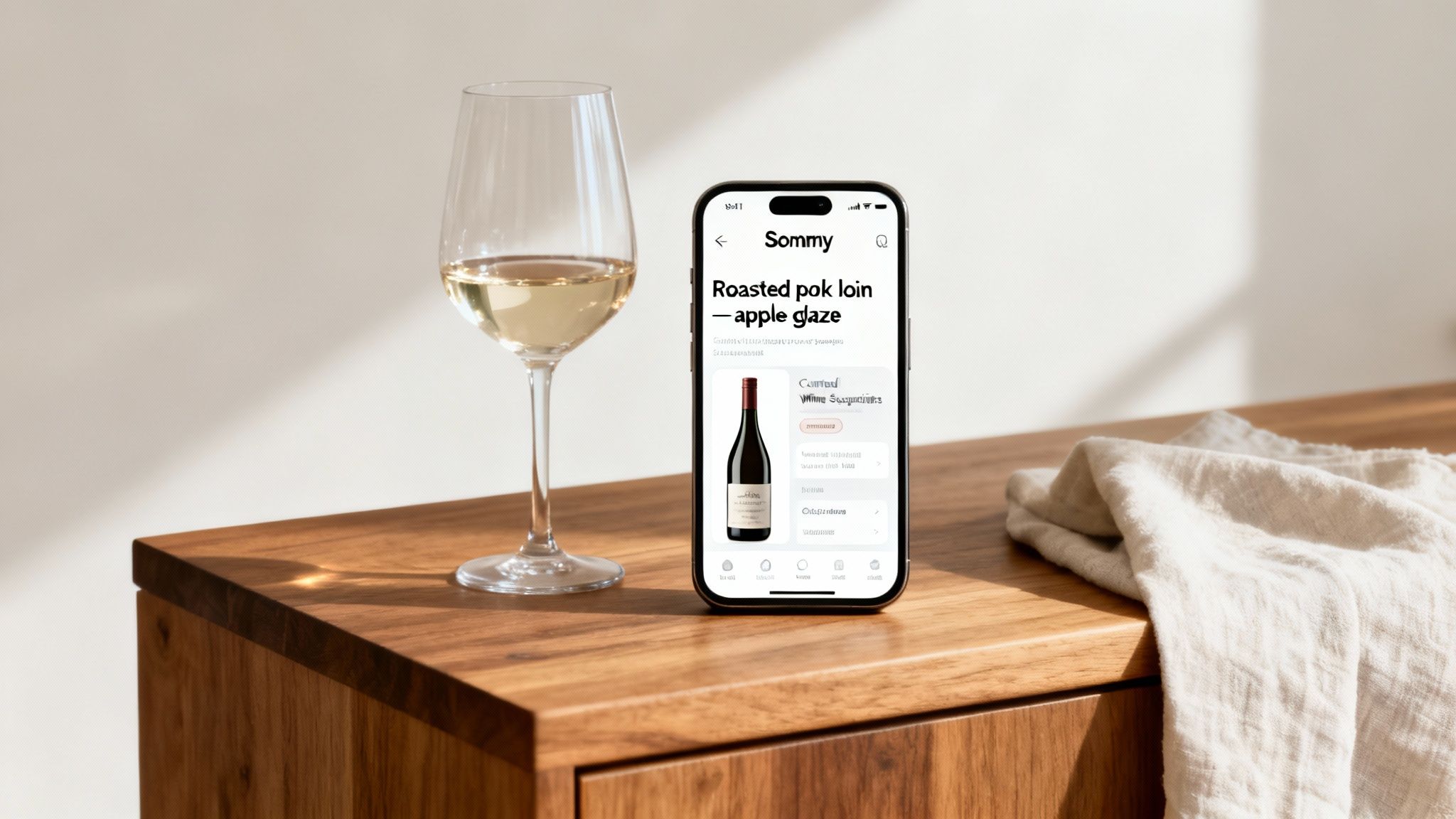 An iPhone displays the Sommy app with a wine suggestion for roasted pork loin, next to a wine glass.