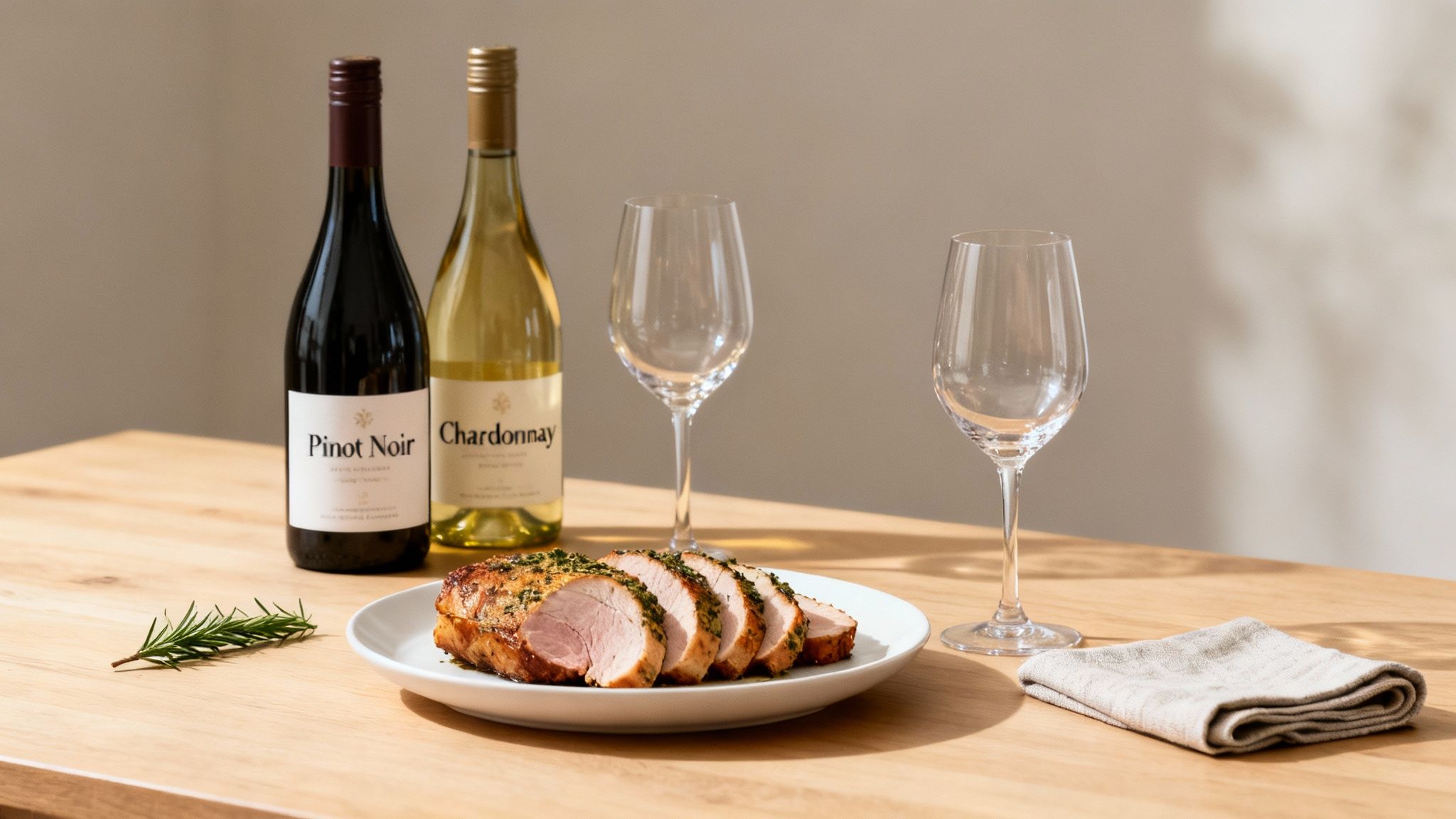 A complete wine pairing scene with red and white wine, sliced pork loin, and glasses on a wooden table.