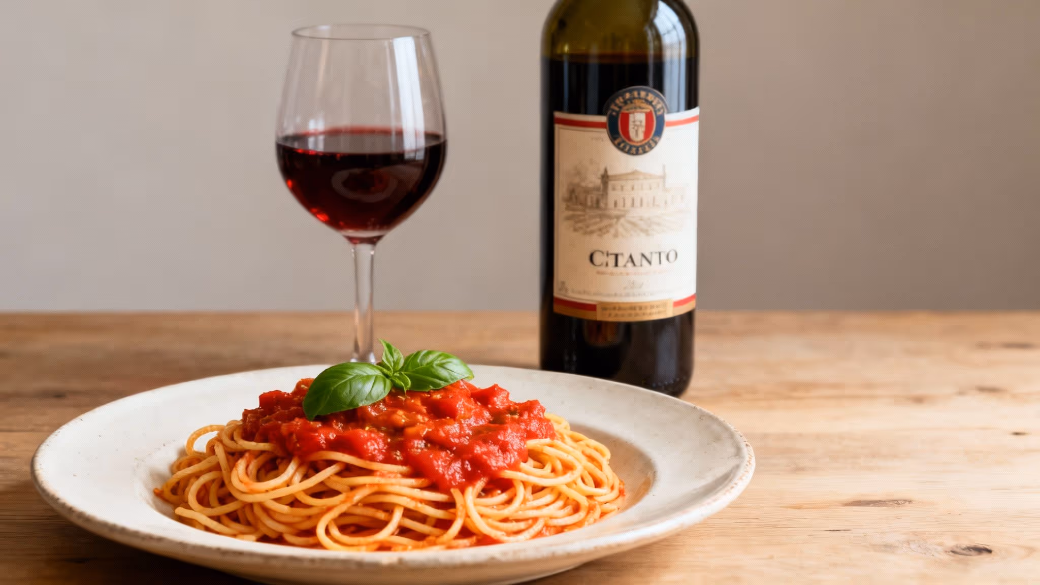 A bowl of spaghetti with a rich tomato sauce, paired with a glass of red wine.