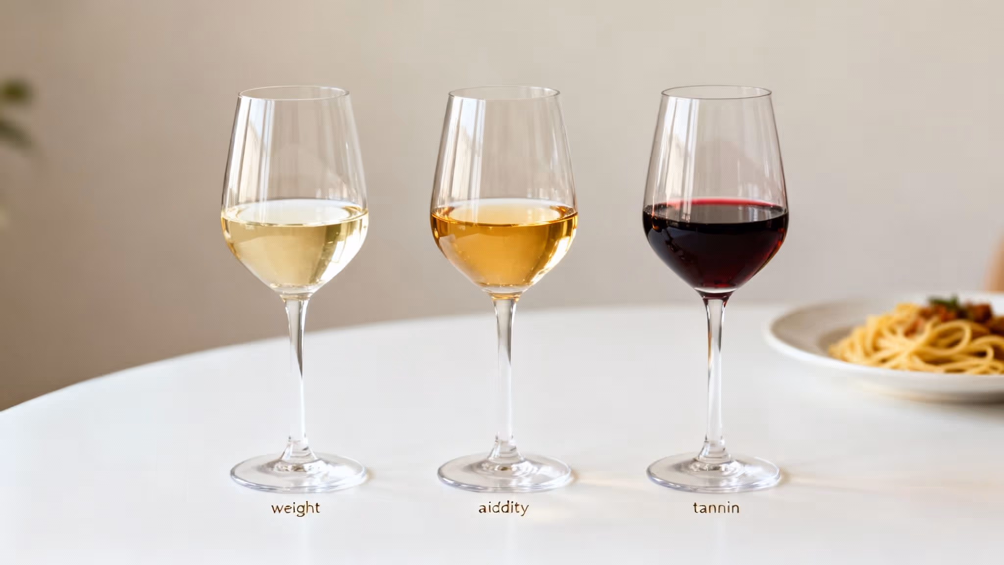 A glass of red wine being poured next to a plate of pasta.