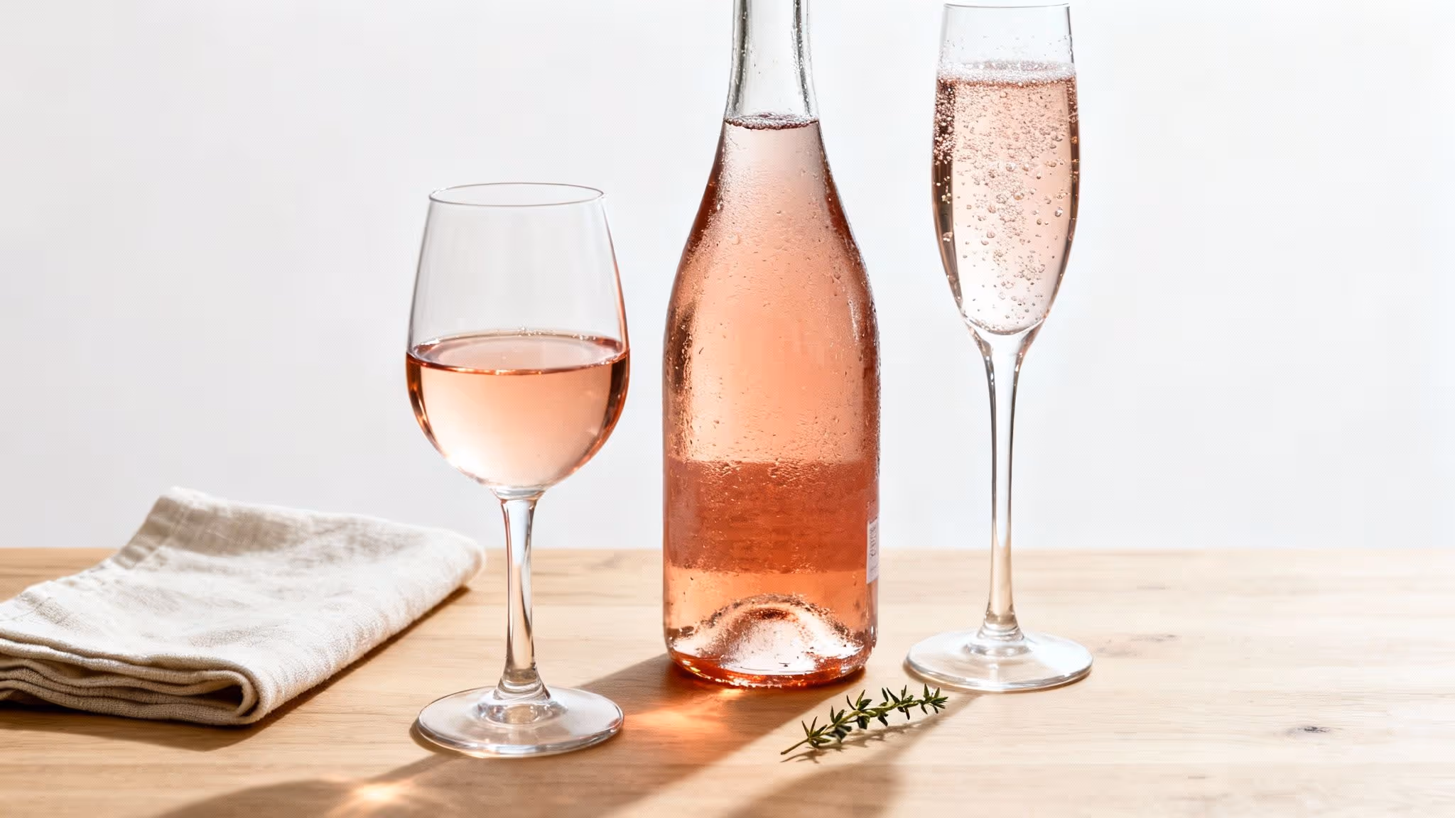 A bottle of rosé wine being poured into a glass next to a festive turkey dinner spread.