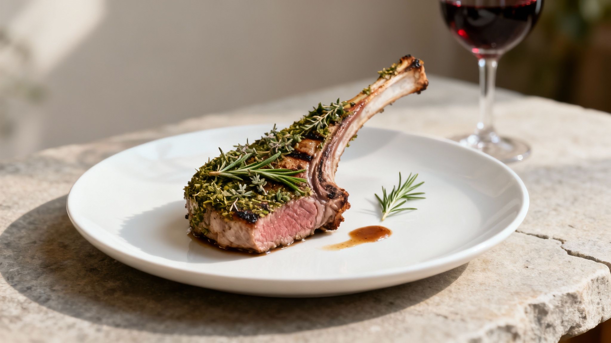 Herb-crusted lamb chop with rosemary garnish and red wine pairing on white plate