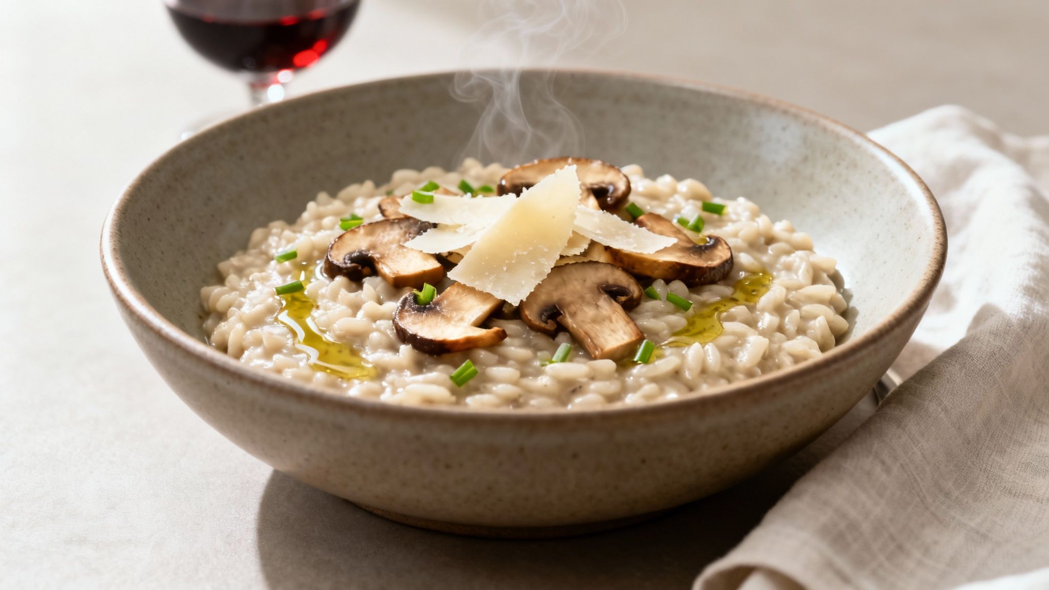 Creamy mushroom risotto with parmesan shavings and chives in rustic bowl with red wine