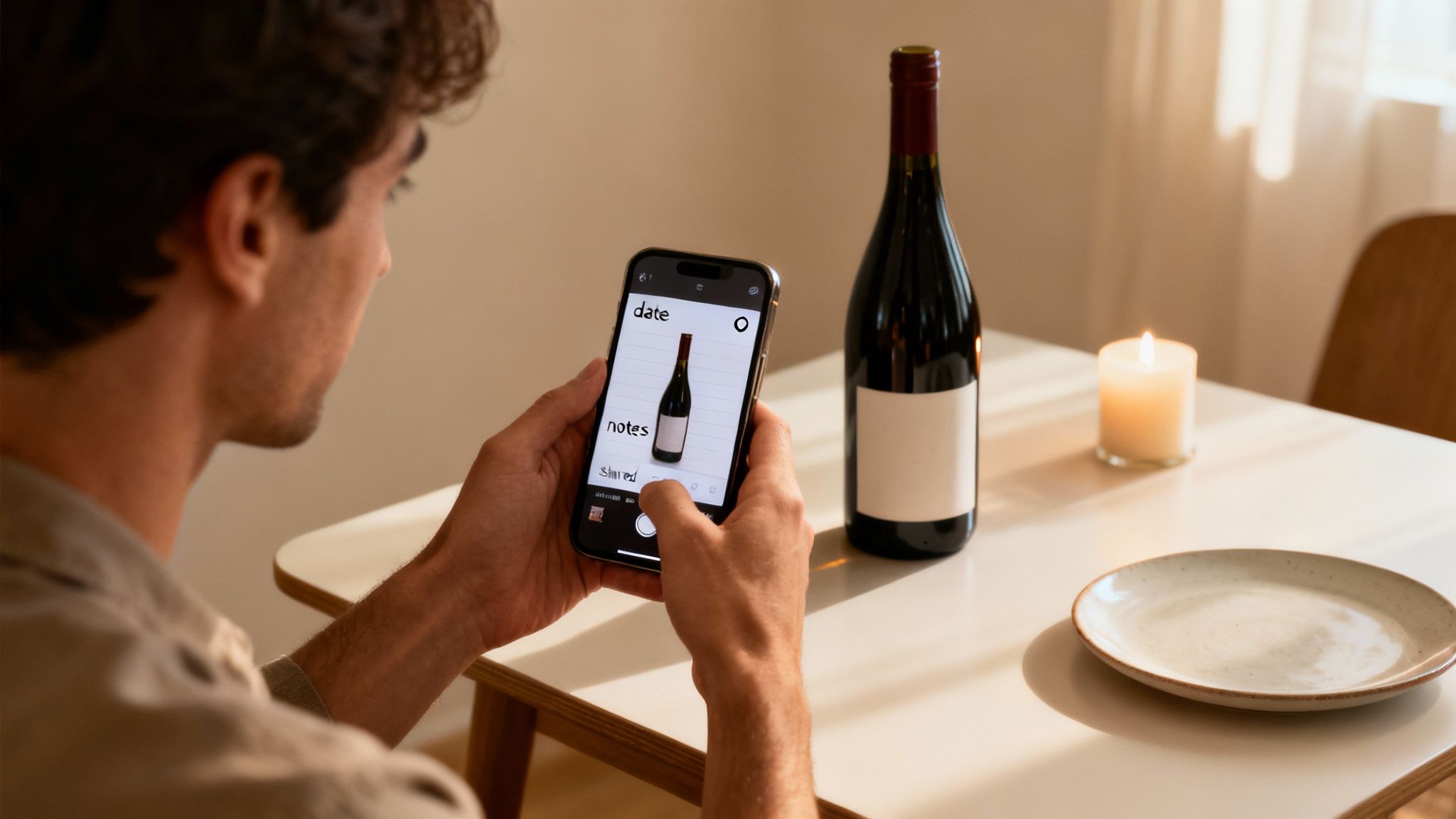A person uses a wine scanner app on their phone to capture details of a wine bottle, with a candlelit table setting.