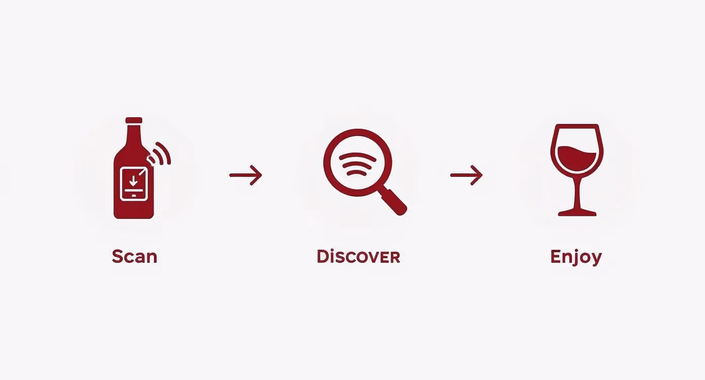 Infographic showing steps: scan wine bottle, discover details using a music/search app, then enjoy a glass of wine.