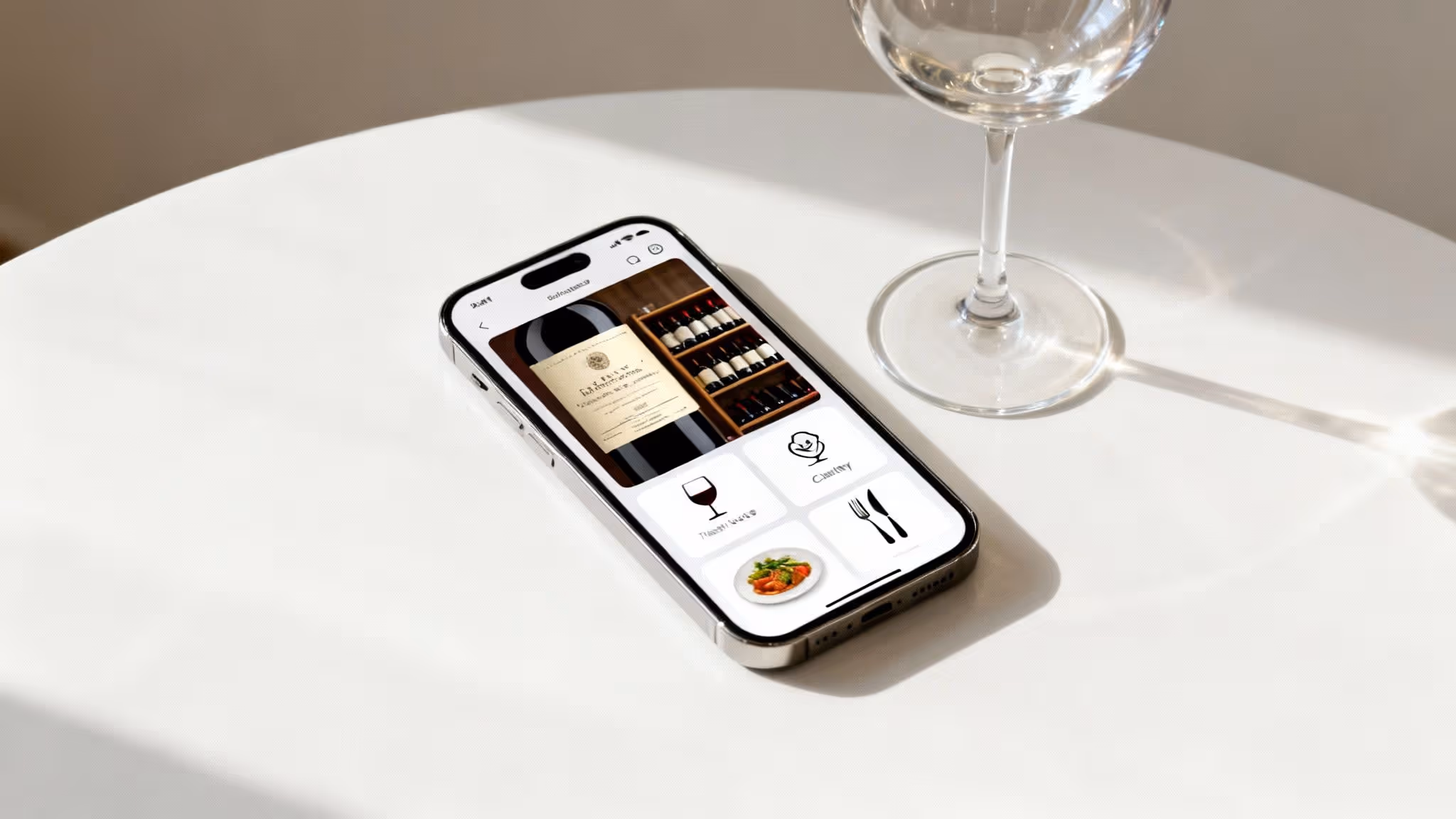 A smartphone displays a wine scanner app showing wine bottles, food, and drink options next to a wine glass.