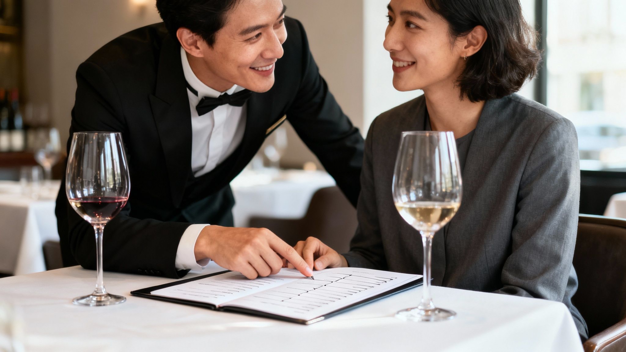 A sommelier discusses wine options with a smiling customer at a fine dining restaurant.