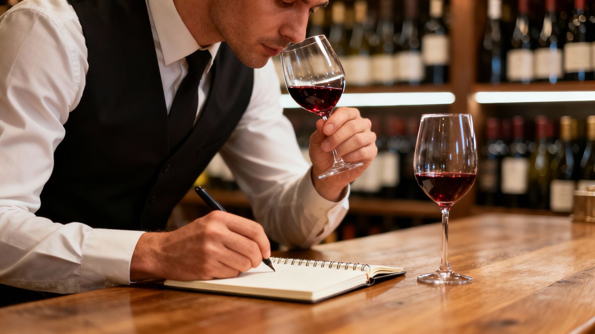A sommelier smells red wine from a glass while taking notes on a wooden counter, with wine bottles in the background.