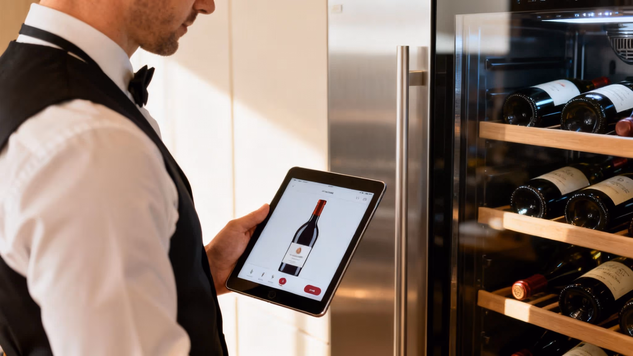 A sommelier in a black vest and bow tie uses a tablet to manage wine bottles in a wine cooler.