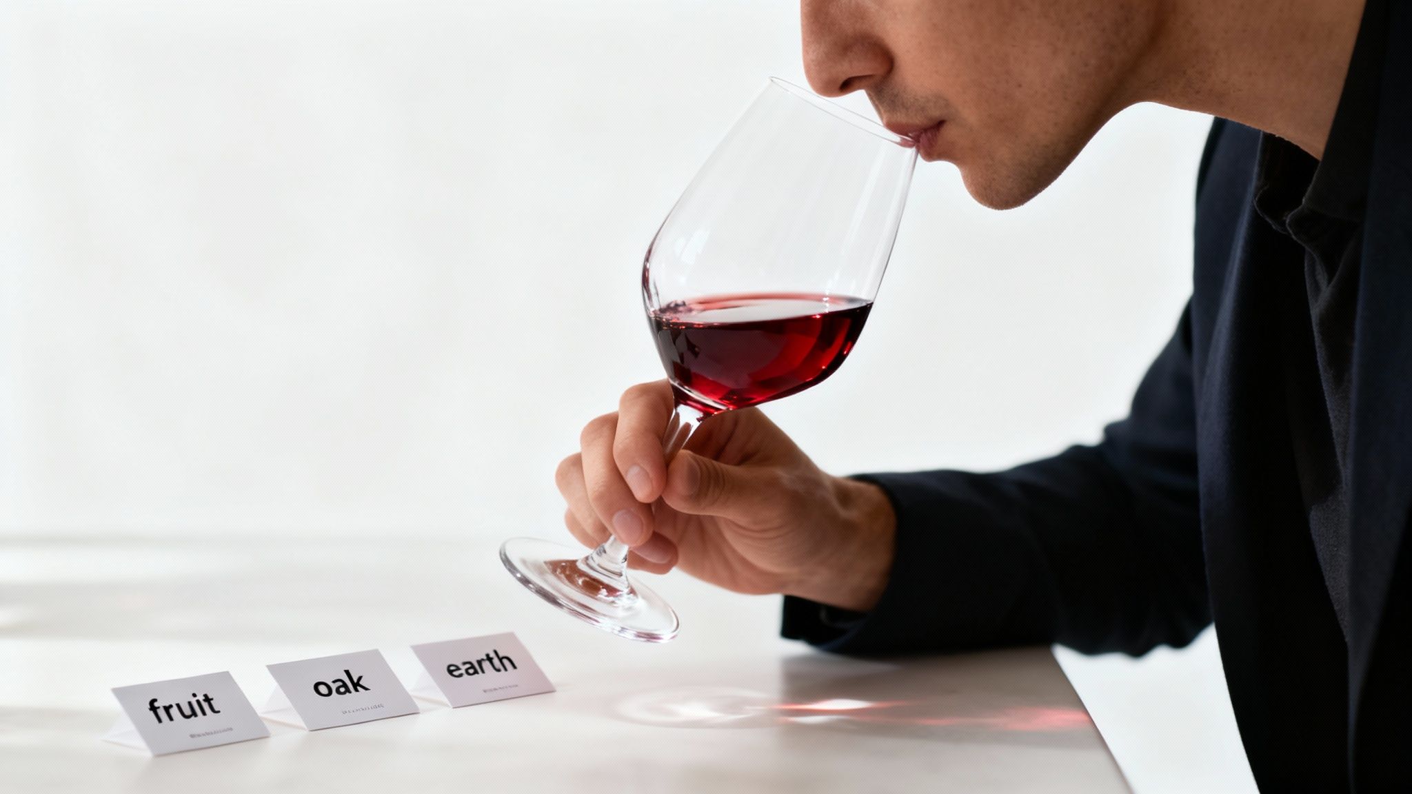 Professional sommelier evaluating red wine aroma with tasting notes for a structured wine tasting.