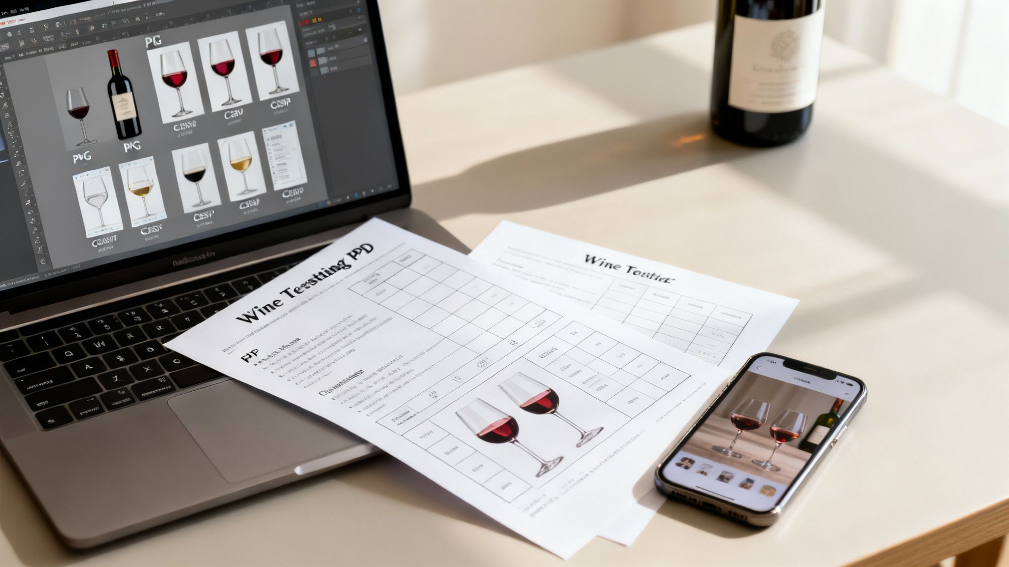 A desk with a laptop showing wine glass designs, wine tasting forms, a smartphone, and a wine bottle.