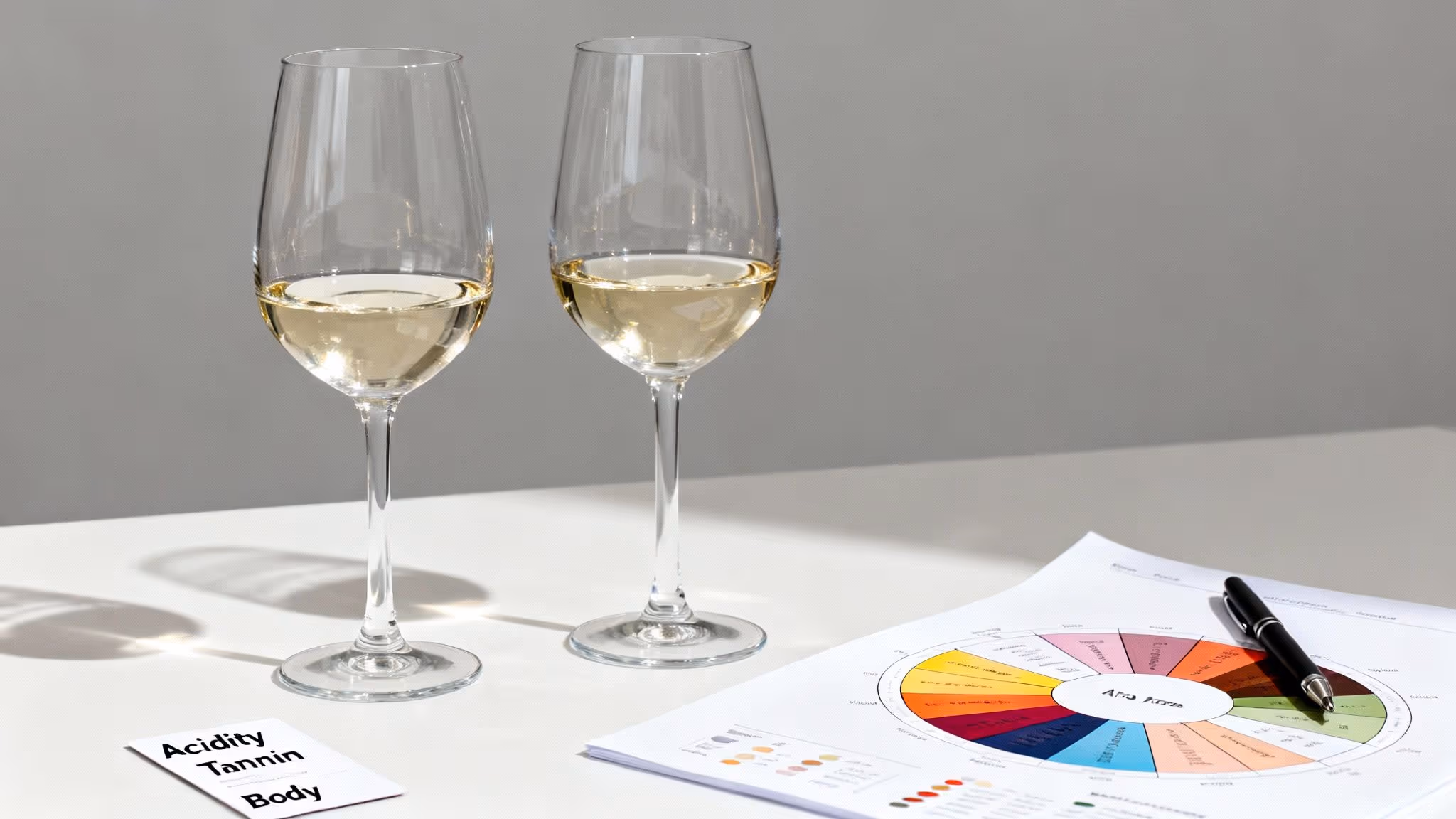 Two glasses of white wine next to a tasting wheel and descriptive cards on a white table.