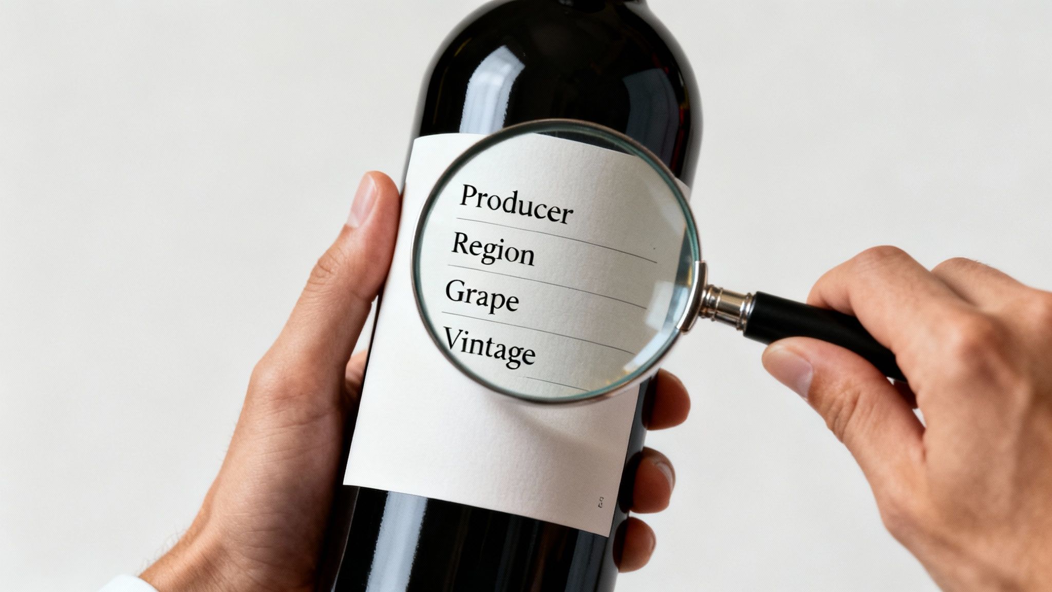 A person uses a magnifying glass to read a wine bottle label with details like Producer, Region, Grape, and Vintage.