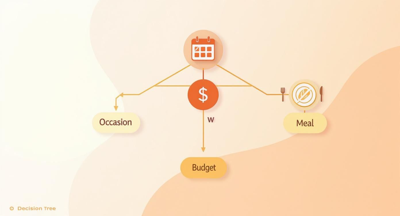 A diagram illustrating the factors to consider when choosing wine: occasion, budget, and meal pairing.