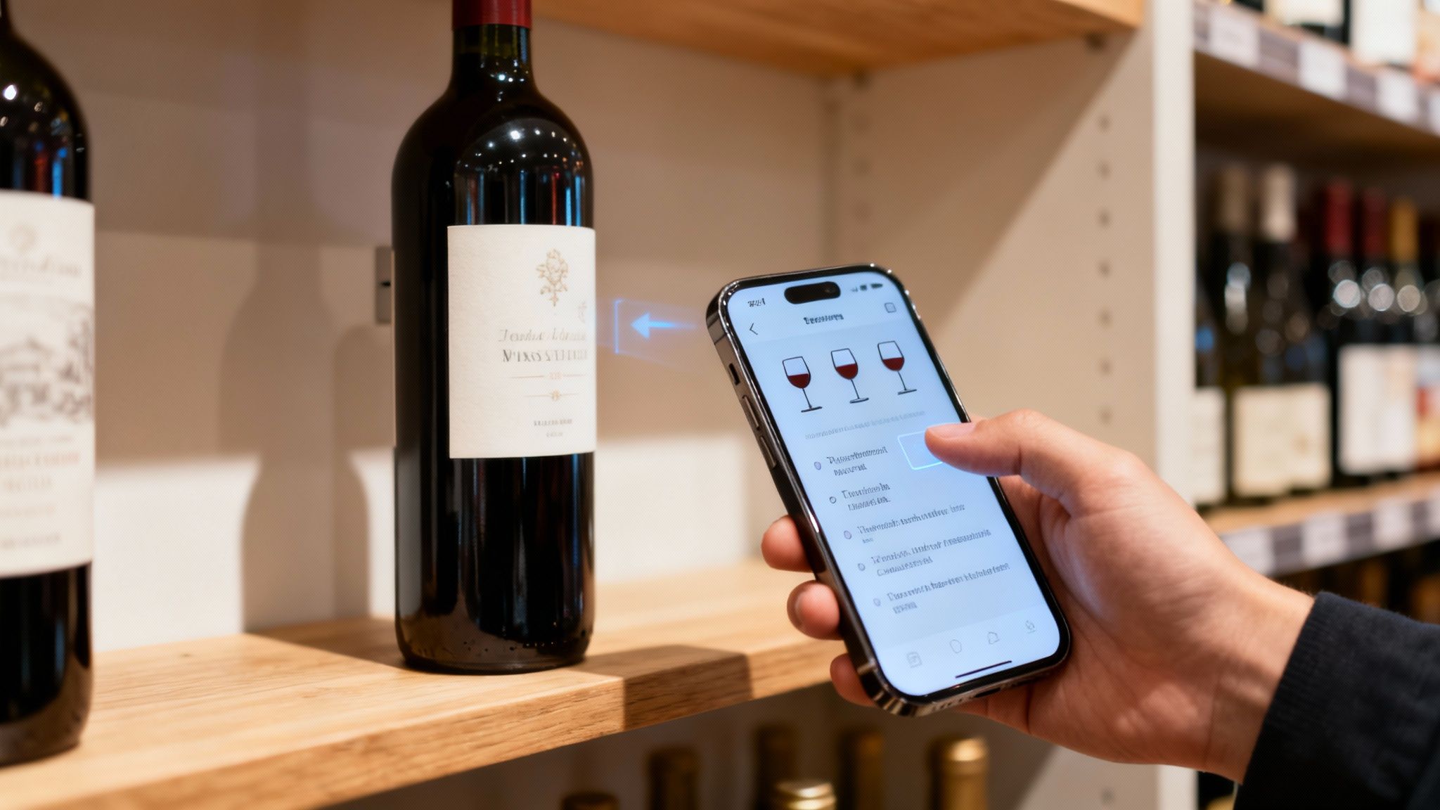 Hand holding a smartphone using an augmented reality app to scan a red wine bottle in a store.