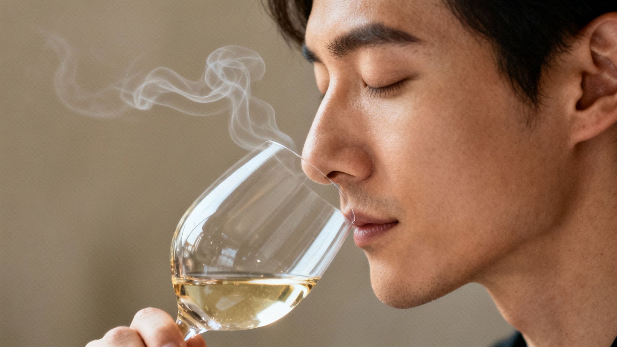 A man with closed eyes gently inhales the delicate aroma of white wine from a glass.