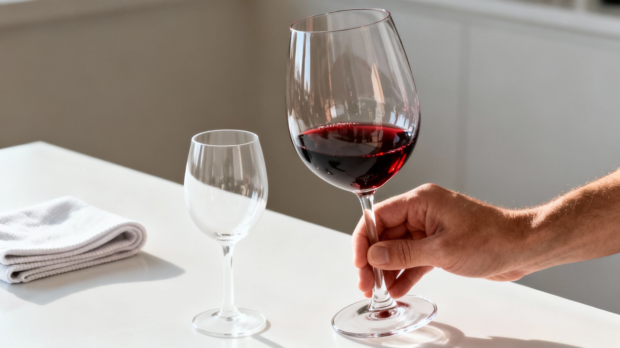 A hand holding a glass of red wine, next to an empty glass and a white cloth on a table.