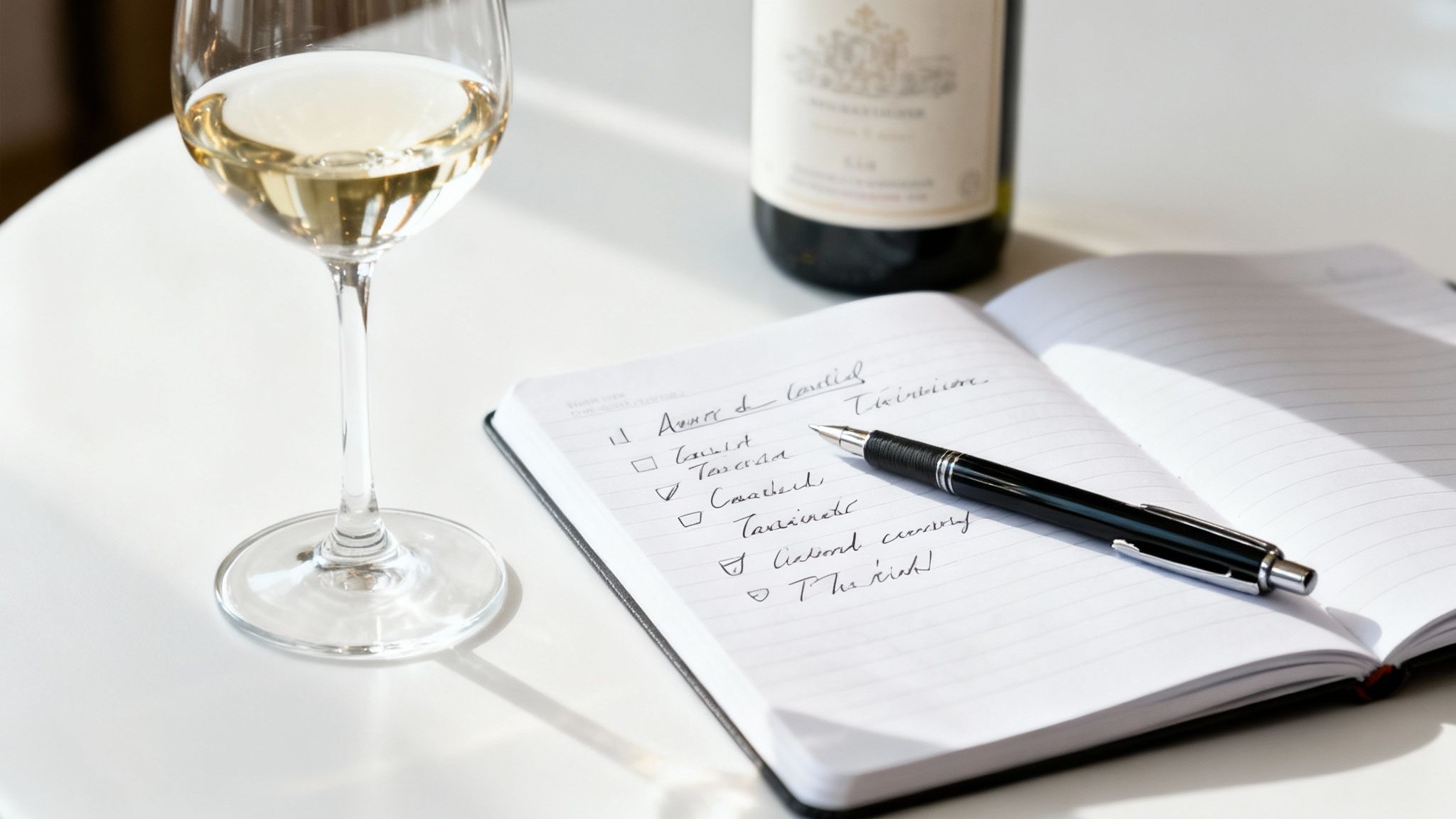 White wine glass, bottle, and a handwritten checklist in a notebook with a pen on a bright table.
