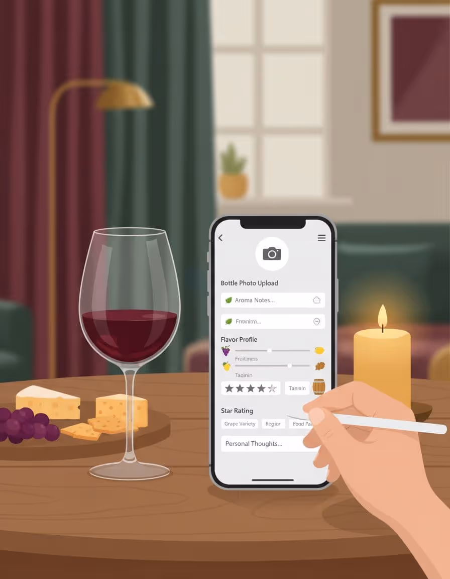 Person logging a wine tasting note in the Sommy app at a wooden table with a glass and cheese board.