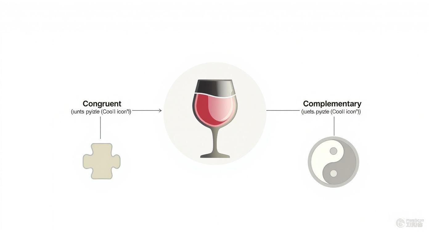 A diagram illustrates congruent (puzzle piece) and complementary (Yin Yang) pairings with a wine glass.