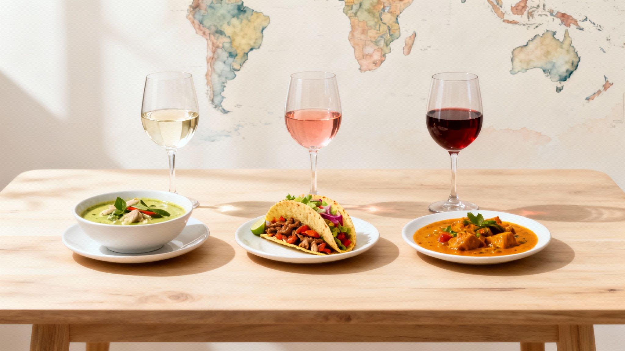 Three wine glasses (white, rosé, red) paired with international dishes on a wooden table.