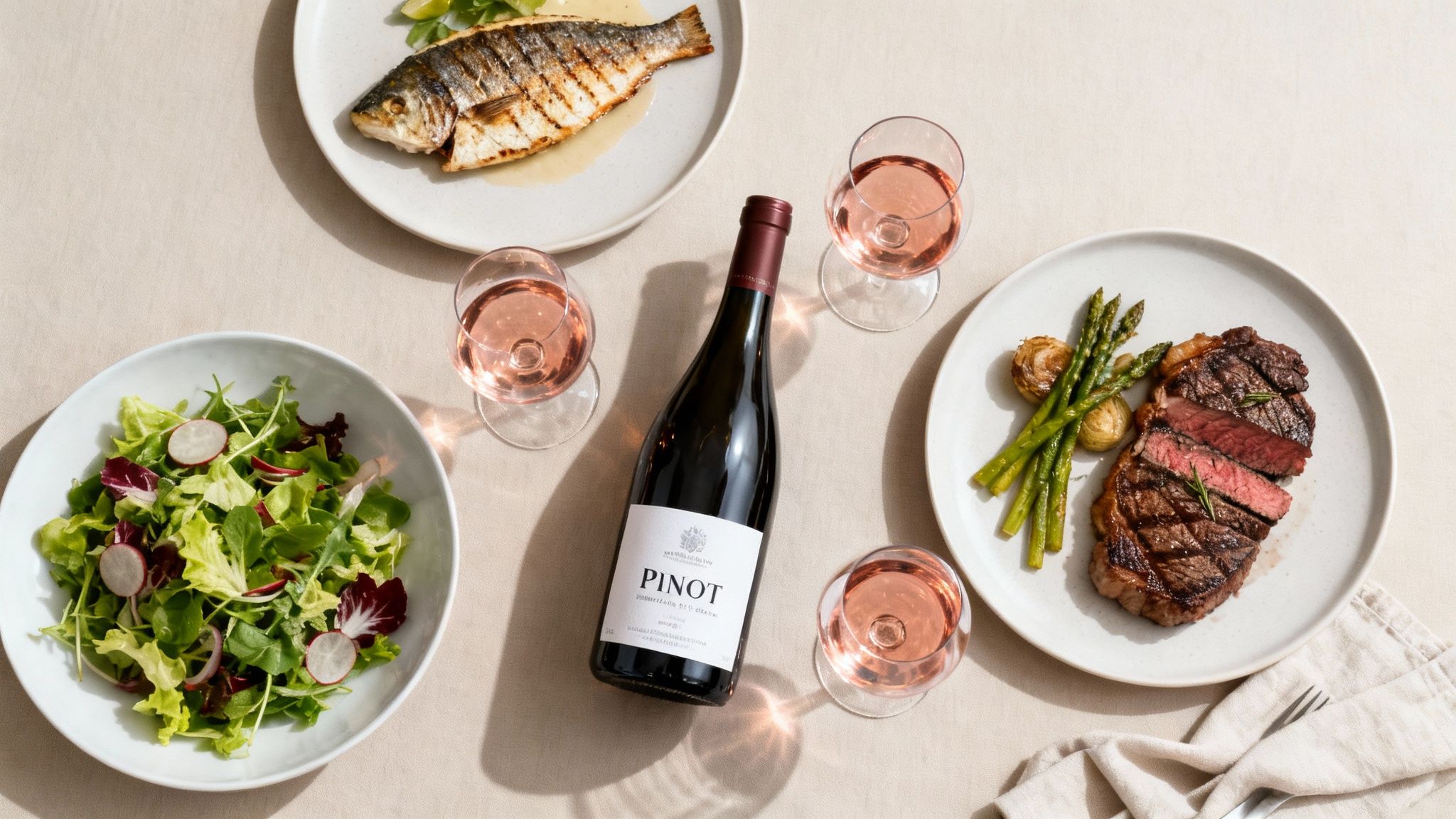 A top-down view of a dinner table with grilled fish, steak, salad, and a bottle of Pinot wine with glasses.
